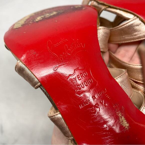 Christian Louboutin Rose Gold Strappy Twist Knot Leather Mule Sandal Heels 39.5 - Picture 11 of 14